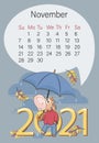 November 2021. Bullish calendar. Autumn month. Cute bull with umbrella under the autumn rain.